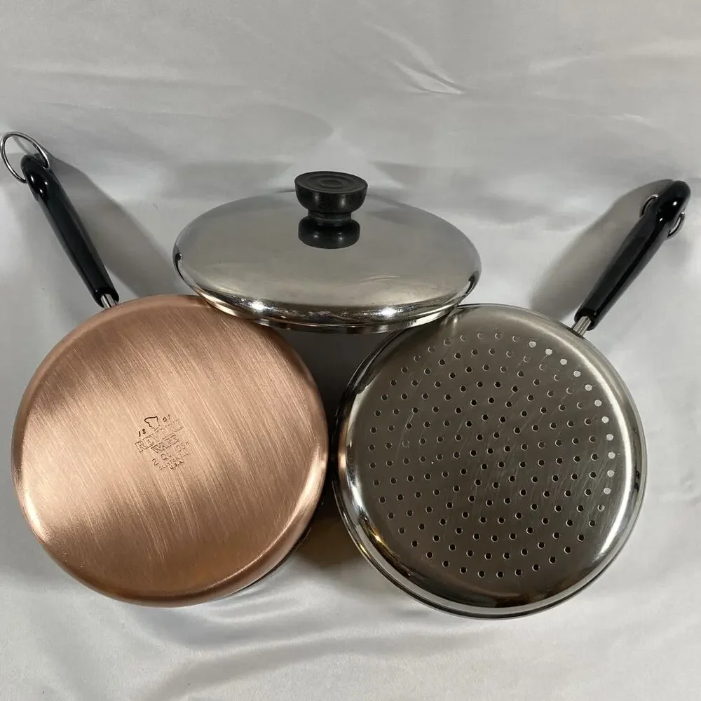 Revere Ware Copper Bottom 2 Qt Saucepan Steamer & Lid Clinton 95 h Stainless USA